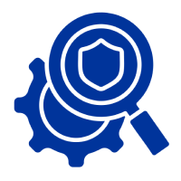 Blue gear, magnifying glass, shield icon.