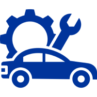 Blue car with wrench and gear icon.