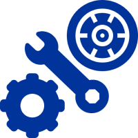 Blue wrench and gears on black background.