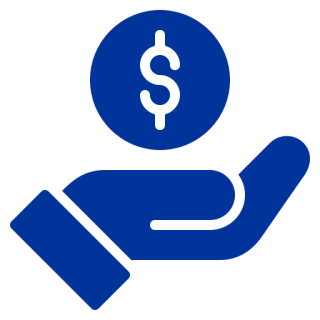 Blue hand holding a dollar coin.