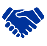 Blue handshake symbol on black background.